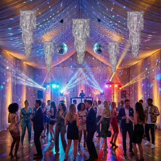 Alt view image 6 of 6 - 2 Pcs 3 Tier Metallic Tinsel Chandelier Shimmering Fringe Chandelier Decor Hanging Decoration Photo Booth Backdrop for Birthday Anniversary Wedding Party Supplies, 4 Ft(Silver)