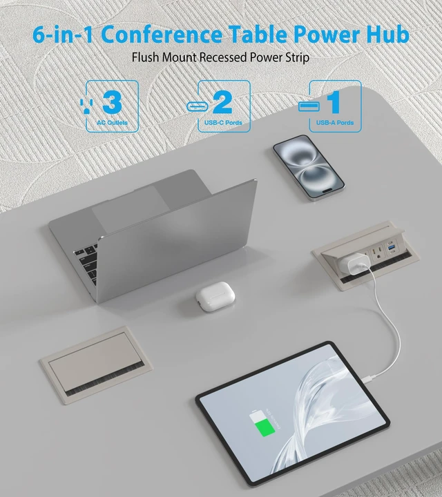 Alt view image 2 of 7 - Recessed Conference Table Power Hub with 20W USB-C PD Fast Charging, Flush Mounted for Desks, Kitchens & RVs, 6FT Power Cord (Golden)