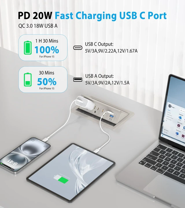 Alt view image 3 of 7 - Recessed Conference Table Power Hub with 20W USB-C PD Fast Charging, Flush Mounted for Desks, Kitchens & RVs, 6FT Power Cord (Golden)