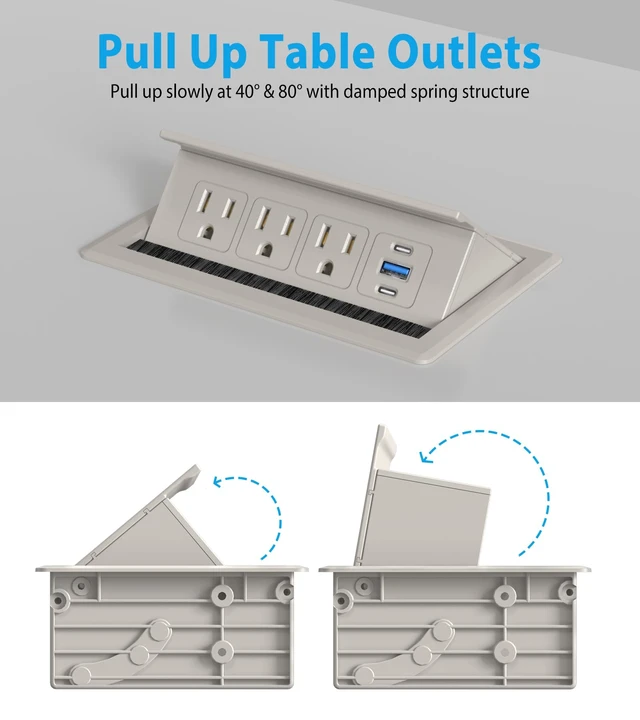 Alt view image 6 of 7 - Recessed Conference Table Power Hub with 20W USB-C PD Fast Charging, Flush Mounted for Desks, Kitchens & RVs, 6FT Power Cord (Golden)