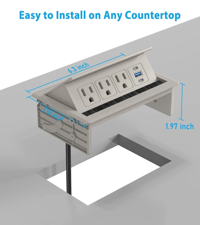 Alt view image 7 of 7 - Recessed Conference Table Power Hub with 20W USB-C PD Fast Charging, Flush Mounted for Desks, Kitchens & RVs, 6FT Power Cord (Golden)