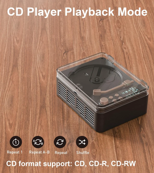 Alt view image 6 of 6 - Retro CD Player with Bluetooth, Desktop CD Players for Home, Built-in Speakers/FM Radio/Headphone Jack/AUX/USB/LCD Screen Display with Remote Controls-Black