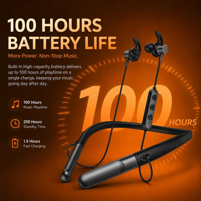 Alt view image 2 of 6 - B1 Bluetooth Headphones, Bluetooth Earbuds Wireless with 100Hrs Playtime, Wireless Bluetooth Headphones for Sports, Sweatproof & IPX5 Waterproof Wireless HeadphonesBlack