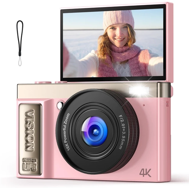 Main image of 4K Digital Camera Pink for Girls Teens: 64MP Vlogging Camera with Flip Screen - 16X Zoom - Cute Compact Cam for Photography and YouTube Aesthetic Point and Shoot Gift for Ages 8-18