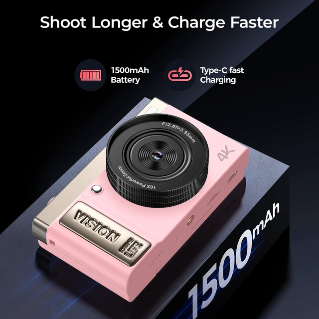 Alt view image 5 of 7 - 4K Digital Camera Pink for Girls Teens: 64MP Vlogging Camera with Flip Screen - 16X Zoom - Cute Compact Cam for Photography and YouTube Aesthetic Point and Shoot Gift for Ages 8-18