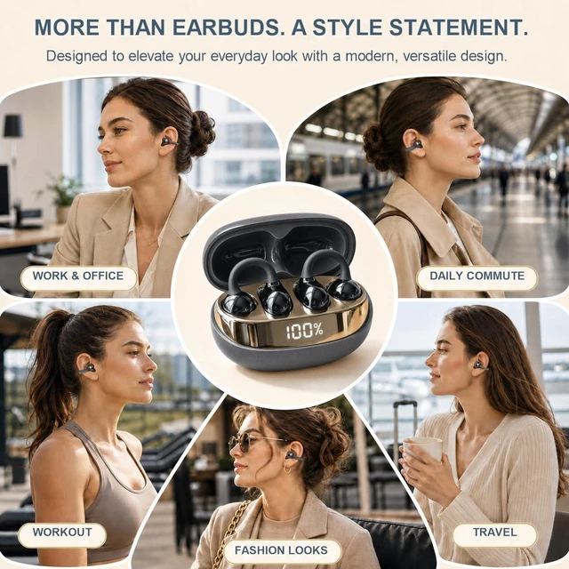 Alt view image 5 of 7 - Clip-On Earbuds, Open-Ear Wireless Bluetooth 6.0, Lightweight Comfort Pearlescent gloss finish with a subtle shimmer effect, 50H Case,IPX5 Waterproof,0.16 oz per earbud,Sport Ear Buds,Running