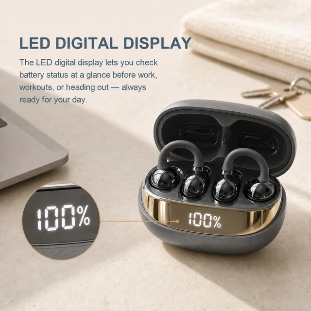 Alt view image 7 of 7 - Clip-On Earbuds, Open-Ear Wireless Bluetooth 6.0, Lightweight Comfort Pearlescent gloss finish with a subtle shimmer effect, 50H Case,IPX5 Waterproof,0.16 oz per earbud,Sport Ear Buds,Running