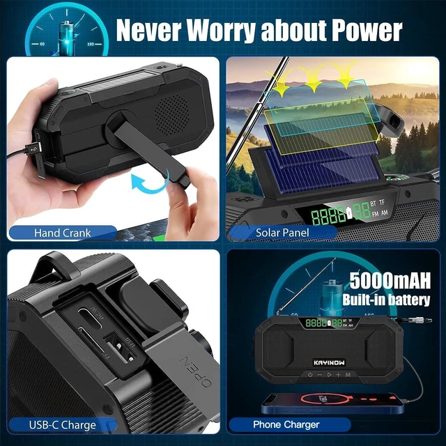 Alt view image 3 of 7 - Solar Hand Crank Emergency Radio with Waterproof,Portable AM FM NOAA Weather Radio, Rechargeable 5000mAh/18500mWh Battery Power, Wind Up Flashlight Phone Charger, SOS,Survival Storm Hurricane