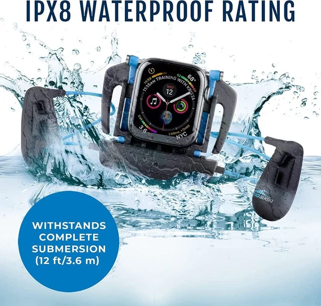 Alt view image 3 of 7 - Interval Swim Headphones for Apple Watch Waterproof IPX8 Swimming Earbuds with Bluetooth, 6-Hour Battery Life, Open-Ear Bone Conduction, and Goggle Loops Blue