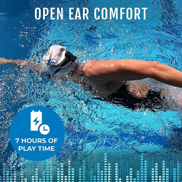 Alt view image 6 of 7 - Interval Swim Headphones for Apple Watch Waterproof IPX8 Swimming Earbuds with Bluetooth, 6-Hour Battery Life, Open-Ear Bone Conduction, and Goggle Loops Blue
