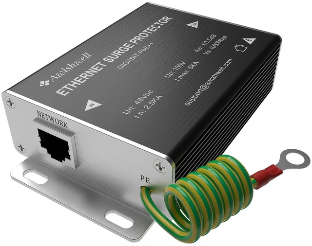 Main image of Gigabit Ethernet Surge Protector,5KV PoE+ RJ45 Lightning Arrester RJ45 Lightning Suppressor, SPD with PTC/Gas Discharge Tube/Mounting Flange-1000Mbps, 1 Pack