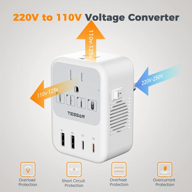 Alt view image 3 of 7 - 220V to 110V Voltage Converter US to Europe Universal Travel Adapter 4 USB Ports (2 USB-C), 2 AC and EU/UK/JP/FR Power Plug Adaptor, International Step Down Transformer