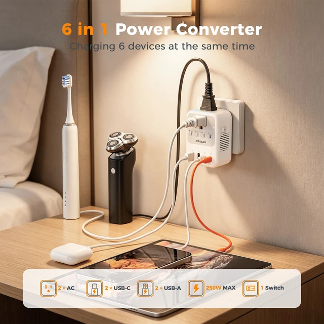Alt view image 4 of 7 - 220V to 110V Voltage Converter US to Europe Universal Travel Adapter 4 USB Ports (2 USB-C), 2 AC and EU/UK/JP/FR Power Plug Adaptor, International Step Down Transformer