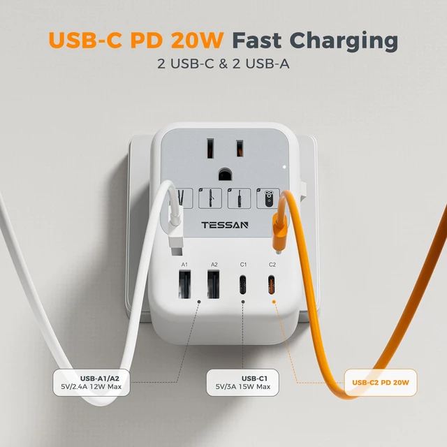 Alt view image 5 of 7 - 220V to 110V Voltage Converter US to Europe Universal Travel Adapter 4 USB Ports (2 USB-C), 2 AC and EU/UK/JP/FR Power Plug Adaptor, International Step Down Transformer