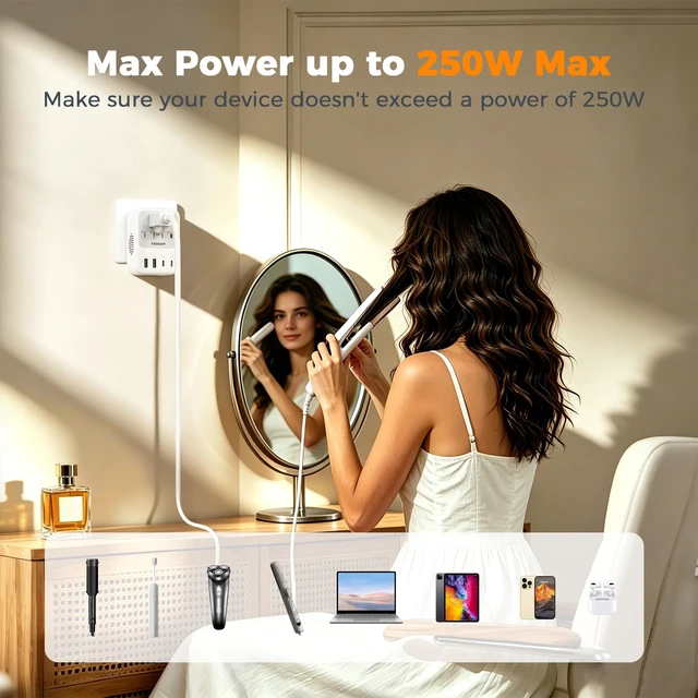 Alt view image 6 of 7 - 220V to 110V Voltage Converter US to Europe Universal Travel Adapter 4 USB Ports (2 USB-C), 2 AC and EU/UK/JP/FR Power Plug Adaptor, International Step Down Transformer