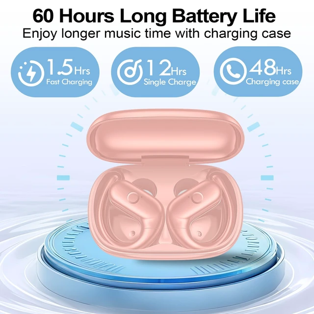 Alt view image 3 of 7 - Wireless Earbuds Bluetooth Headphones,Over Ear Buds for Sport with Deep Bass Sound,60Hrs Playtime Earphones Designed Comfort Fit with Earhooks for Running,Meeting,Workout-Pink