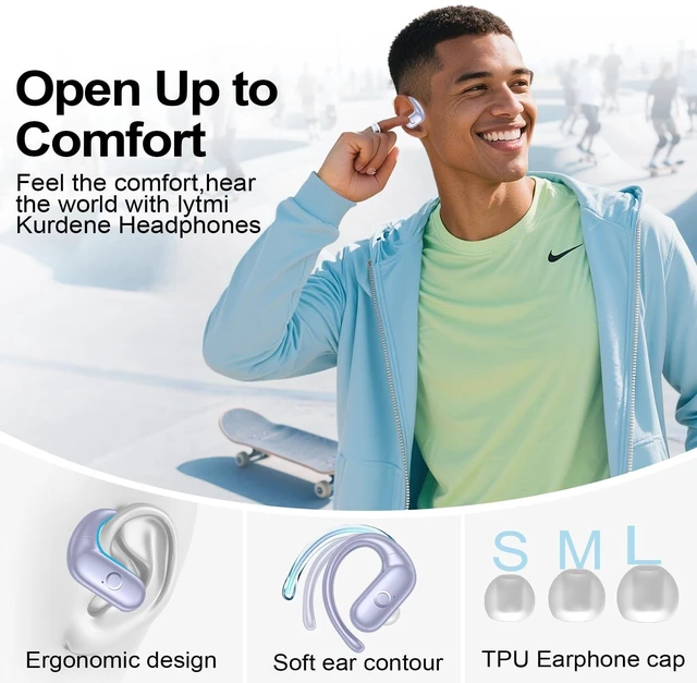 Alt view image 7 of 7 - Wireless Earbuds Bluetooth Headphones,Over Ear Buds for Sport with Deep Bass Sound,60Hrs Playtime Earphones Designed Comfort Fit with Earhooks for Running,Meeting,Workout-Purple