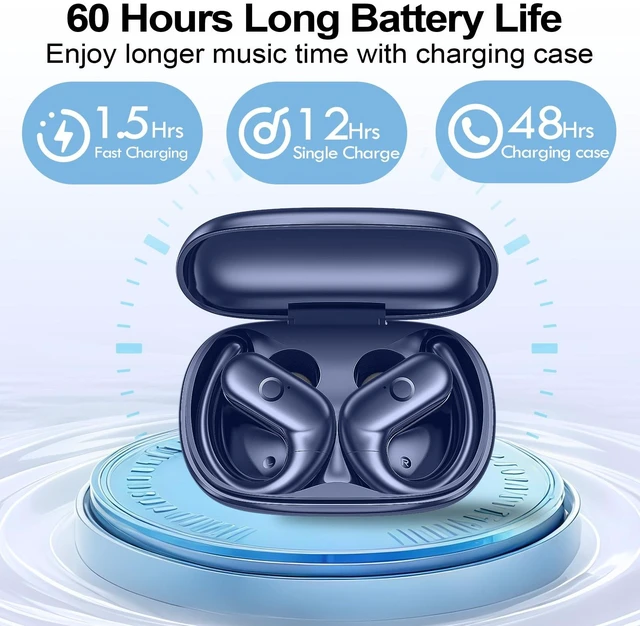 Alt view image 3 of 7 - Wireless Earbuds Bluetooth Headphones,Over Ear Buds for Sport with Deep Bass Sound,60Hrs Playtime Earphones Designed Comfort Fit with Earhooks for Running,Meeting,Workout-Blue