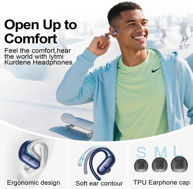 Alt view image 7 of 7 - Wireless Earbuds Bluetooth Headphones,Over Ear Buds for Sport with Deep Bass Sound,60Hrs Playtime Earphones Designed Comfort Fit with Earhooks for Running,Meeting,Workout-Blue