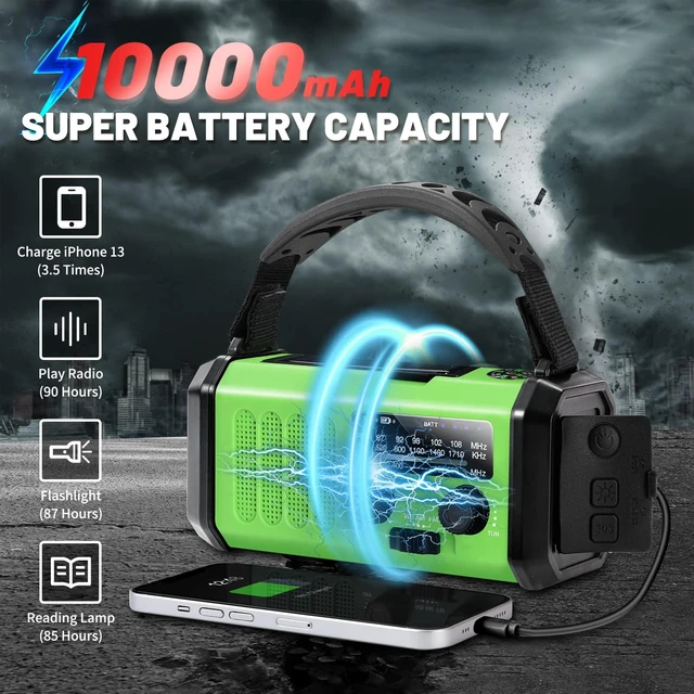 Alt view image 2 of 7 - Emergency Hand Crank Radio with 10000mAh/37000mWh Battery Backup, AM FM NOAA Weather Radio, Type-C Charge,Solar Radio,SOS, 3 Modes LED FlashlightReading Lamp, Compass for Outdoor Survival
