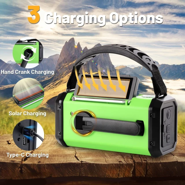Alt view image 3 of 7 - Emergency Hand Crank Radio with 10000mAh/37000mWh Battery Backup, AM FM NOAA Weather Radio, Type-C Charge,Solar Radio,SOS, 3 Modes LED FlashlightReading Lamp, Compass for Outdoor Survival