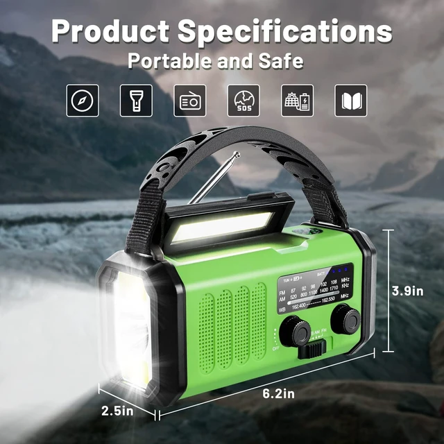 Alt view image 6 of 7 - Emergency Hand Crank Radio with 10000mAh/37000mWh Battery Backup, AM FM NOAA Weather Radio, Type-C Charge,Solar Radio,SOS, 3 Modes LED FlashlightReading Lamp, Compass for Outdoor Survival