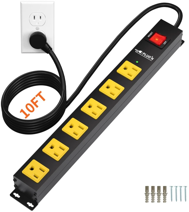 Main image of 6 Outlet Power Strip 2700J Surge Protector, Heavy Duty Power Strips with 10FT Long Cord and Flat Plug, Wall Mountable Metal Strip for Desk, Garage, Workbench and Kitchen
