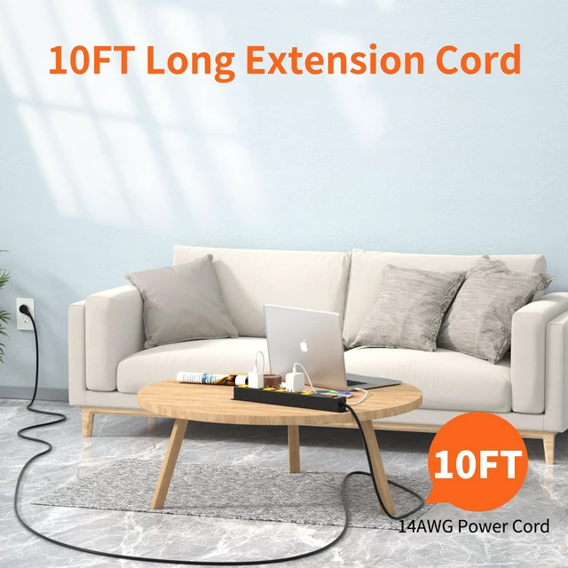 Alt view image 2 of 7 - 6 Outlet Power Strip 2700J Surge Protector, Heavy Duty Power Strips with 10FT Long Cord and Flat Plug, Wall Mountable Metal Strip for Desk, Garage, Workbench and Kitchen
