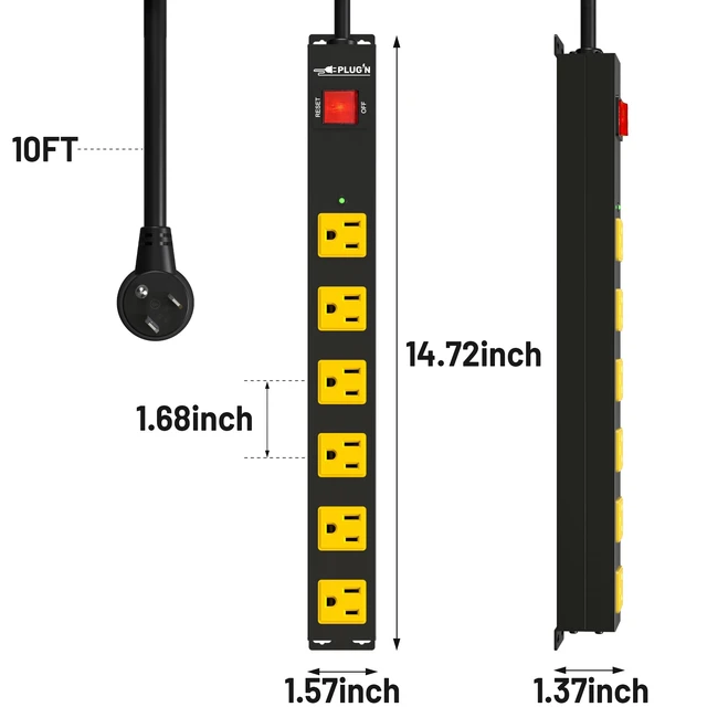 Alt view image 6 of 7 - 6 Outlet Power Strip 2700J Surge Protector, Heavy Duty Power Strips with 10FT Long Cord and Flat Plug, Wall Mountable Metal Strip for Desk, Garage, Workbench and Kitchen