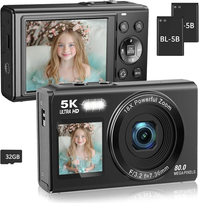 Main image of Dual Screen 5K Digital Camera for Vlogging with Fill Light - 80MP, 16X Zoom, WiFi, YouTube/Blogging, Includes 32GB Card & 2 Batteries (X9-Black)