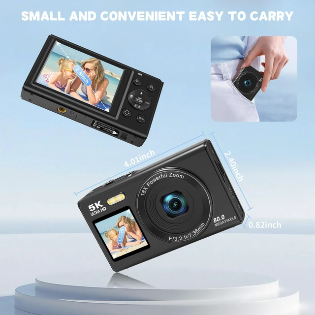 Alt view image 2 of 6 - Dual Screen 5K Digital Camera for Vlogging with Fill Light - 80MP, 16X Zoom, WiFi, YouTube/Blogging, Includes 32GB Card & 2 Batteries (X9-Black)