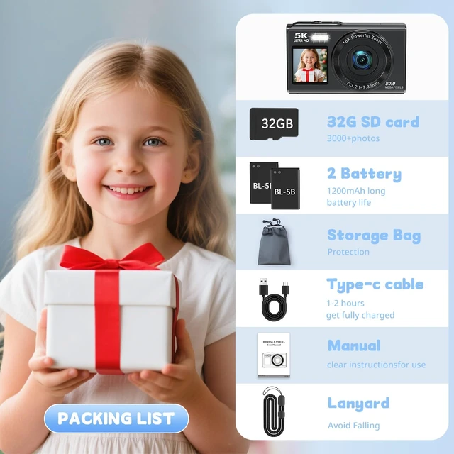 Alt view image 6 of 6 - Dual Screen 5K Digital Camera for Vlogging with Fill Light - 80MP, 16X Zoom, WiFi, YouTube/Blogging, Includes 32GB Card & 2 Batteries (X9-Black)