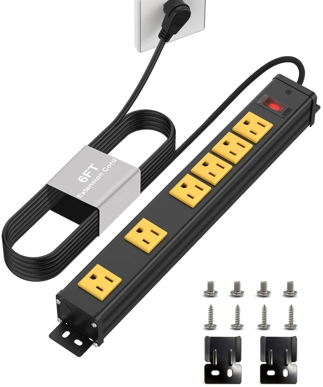 Main image of 6 Outlets Long Metal Power Strip, 6FT 14AWG Cord Wall Mount, 2.55 & 1.27 Inch Spacing, 15A/1875W, Aluminum Housing, Surge Protection, ETL Listed for Garage, Home Office