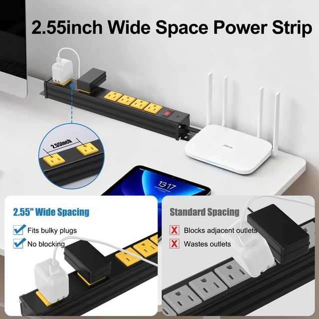 Alt view image 3 of 7 - 6 Outlets Long Metal Power Strip, 6FT 14AWG Cord Wall Mount, 2.55 & 1.27 Inch Spacing, 15A/1875W, Aluminum Housing, Surge Protection, ETL Listed for Garage, Home Office