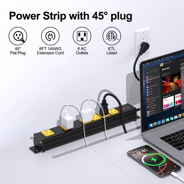 Alt view image 2 of 7 - 6 Outlets Long Metal Power Strip, 6FT 14AWG Cord Wall Mount, 2.55 & 1.27 Inch Spacing, 15A/1875W, Aluminum Housing, Surge Protection, ETL Listed for Garage, Home Office