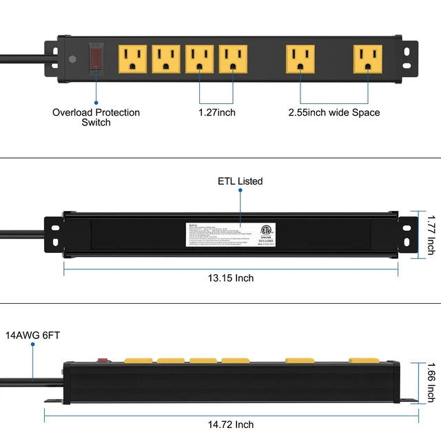 Alt view image 5 of 7 - 6 Outlets Long Metal Power Strip, 6FT 14AWG Cord Wall Mount, 2.55 & 1.27 Inch Spacing, 15A/1875W, Aluminum Housing, Surge Protection, ETL Listed for Garage, Home Office