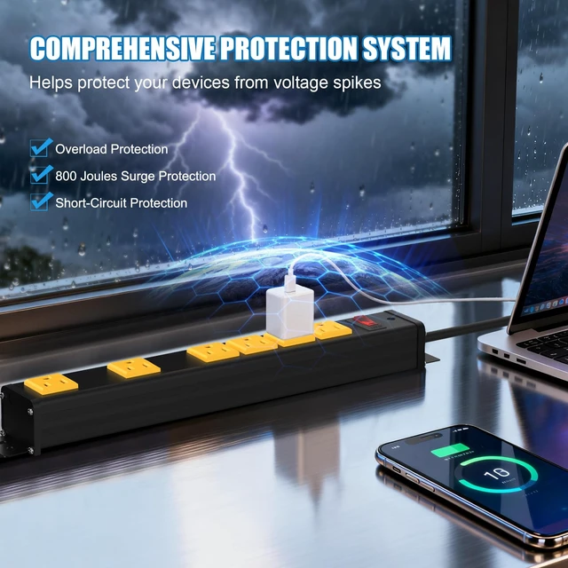 Alt view image 4 of 7 - 6 Outlets Long Metal Power Strip, 6FT 14AWG Cord Wall Mount, 2.55 & 1.27 Inch Spacing, 15A/1875W, Aluminum Housing, Surge Protection, ETL Listed for Garage, Home Office
