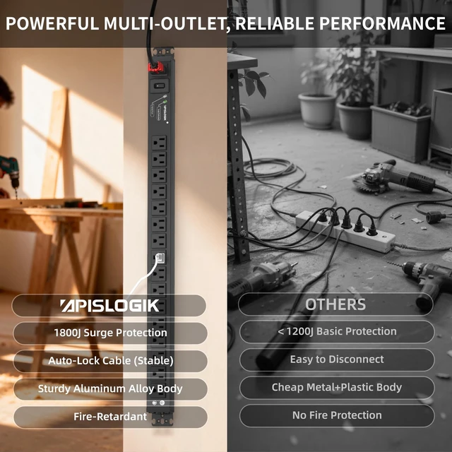 Alt view image 2 of 7 - Surge Protector Power Strip, 16 Outlet Metal PDU Power Strip, 6 Feet with Switch, Mountable, Multi Plug Wall Outlet, Heavy Duty, Surge Protector 1800J, Auto Lock Extension Cord, 15A/1875W