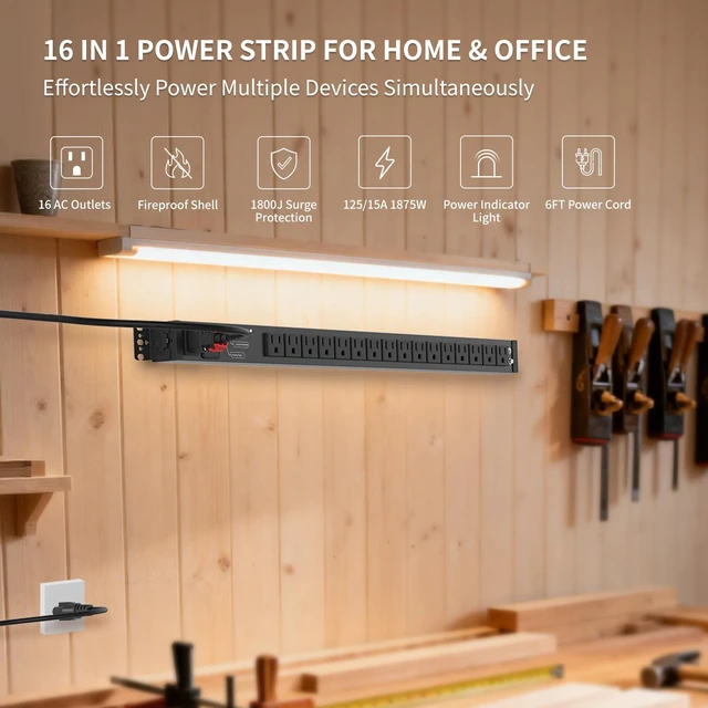 Alt view image 3 of 7 - Surge Protector Power Strip, 16 Outlet Metal PDU Power Strip, 6 Feet with Switch, Mountable, Multi Plug Wall Outlet, Heavy Duty, Surge Protector 1800J, Auto Lock Extension Cord, 15A/1875W