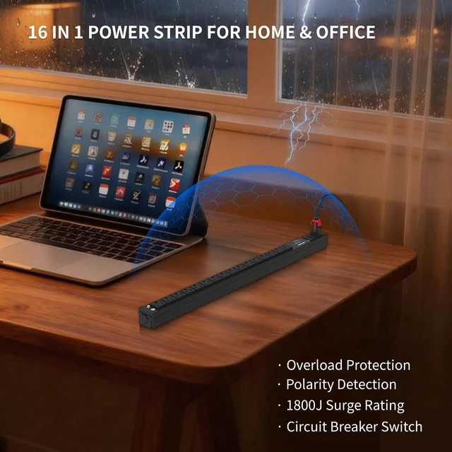 Alt view image 4 of 7 - Surge Protector Power Strip, 16 Outlet Metal PDU Power Strip, 6 Feet with Switch, Mountable, Multi Plug Wall Outlet, Heavy Duty, Surge Protector 1800J, Auto Lock Extension Cord, 15A/1875W