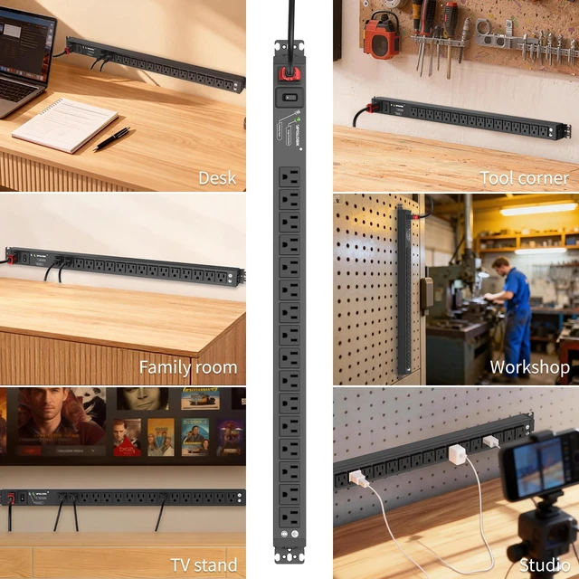 Alt view image 6 of 7 - Surge Protector Power Strip, 16 Outlet Metal PDU Power Strip, 6 Feet with Switch, Mountable, Multi Plug Wall Outlet, Heavy Duty, Surge Protector 1800J, Auto Lock Extension Cord, 15A/1875W