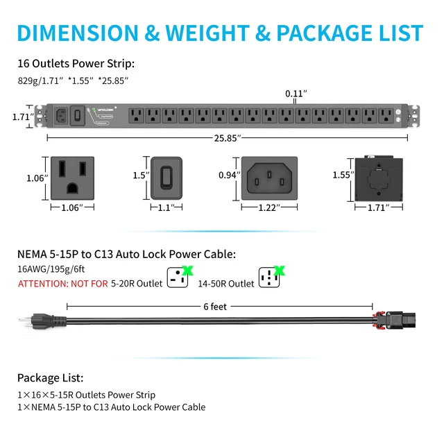 Alt view image 7 of 7 - Surge Protector Power Strip, 16 Outlet Metal PDU Power Strip, 6 Feet with Switch, Mountable, Multi Plug Wall Outlet, Heavy Duty, Surge Protector 1800J, Auto Lock Extension Cord, 15A/1875W
