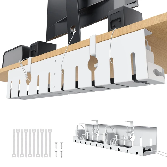 Main image of Under Desk Cable Management Tray 32 in, Metal Cable Holder, White Open Frame Cable Raceways, No Drill Clamp/Screw Mount, Cord Organizer for Home Office & Standing Desk