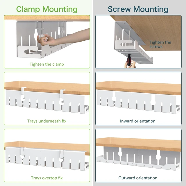 Alt view image 2 of 7 - Under Desk Cable Management Tray 32 in, Metal Cable Holder, White Open Frame Cable Raceways, No Drill Clamp/Screw Mount, Cord Organizer for Home Office & Standing Desk