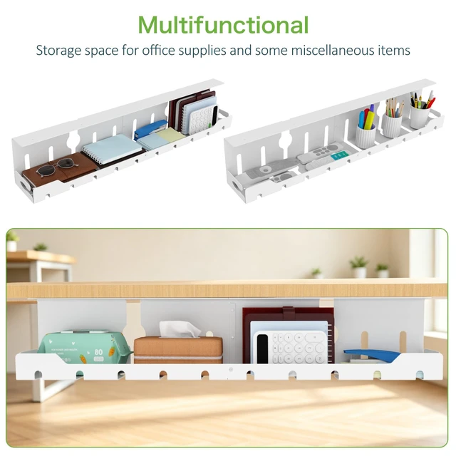 Alt view image 4 of 7 - Under Desk Cable Management Tray 32 in, Metal Cable Holder, White Open Frame Cable Raceways, No Drill Clamp/Screw Mount, Cord Organizer for Home Office & Standing Desk
