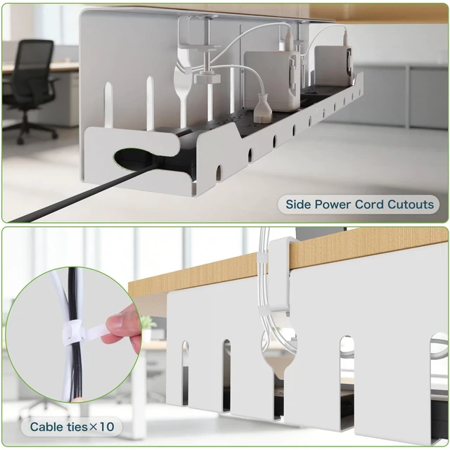 Alt view image 6 of 7 - Under Desk Cable Management Tray 32 in, Metal Cable Holder, White Open Frame Cable Raceways, No Drill Clamp/Screw Mount, Cord Organizer for Home Office & Standing Desk