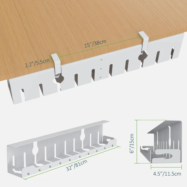 Alt view image 5 of 7 - Under Desk Cable Management Tray 32 in, Metal Cable Holder, White Open Frame Cable Raceways, No Drill Clamp/Screw Mount, Cord Organizer for Home Office & Standing Desk