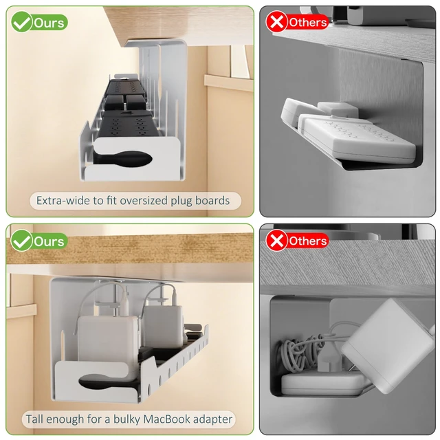 Alt view image 3 of 7 - Under Desk Cable Management Tray 32 in, Metal Cable Holder, White Open Frame Cable Raceways, No Drill Clamp/Screw Mount, Cord Organizer for Home Office & Standing Desk