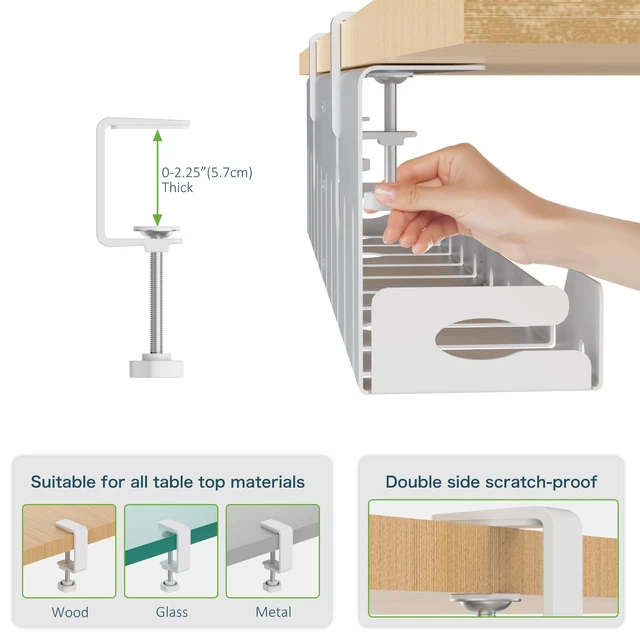Alt view image 7 of 7 - Under Desk Cable Management Tray 32 in, Metal Cable Holder, White Open Frame Cable Raceways, No Drill Clamp/Screw Mount, Cord Organizer for Home Office & Standing Desk