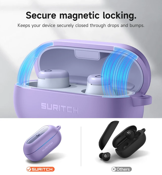 Alt view image 3 of 7 - Cases for Beats Solo Buds 2024 Case Cover, Magnetic Protective Covers for Beats Solo Buds Wireless Earbuds, Rugged Bumper Case with Magnetic Lok & Carabiner & Keyring & Cleaning Kit, Purple